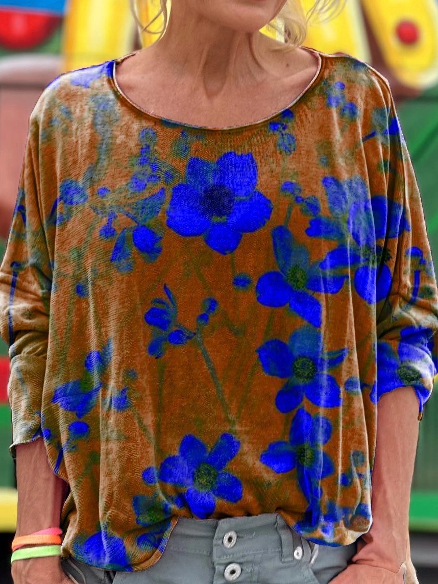 Women's Vintage Floral Art Print Casual Long Sleeve T-shirt