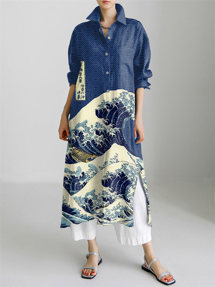 The Great Wave off Kanagawa Japanese Art Print Long Sleeve Slit Shirt 