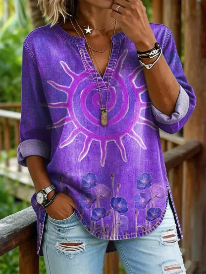 Women's Sunflower Floral Art Print Casual V-neck Washed Cotton Denim Shirt
