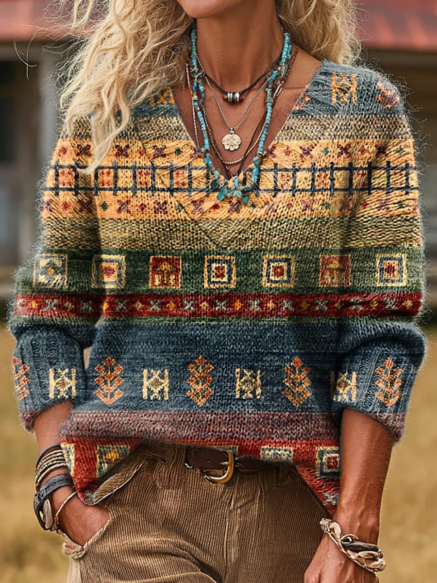 Unisex Retro Colorful Ethnic Striped Art Print Casual Long-Sleeve V-Ne