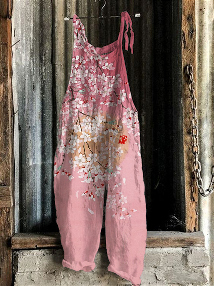 Cherry Blossom Full Moon Japanese Art Linen Blend Jumpsuit