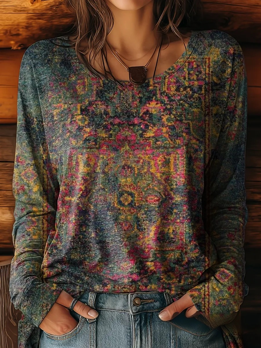 Women's Retro Ethnic Totem Art Print Casual T-shirt