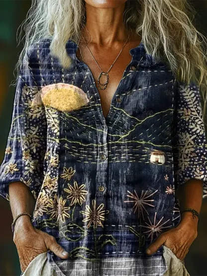 National Flowers Moon Patchwork Women's Print Casual Cotton Linen Shirt