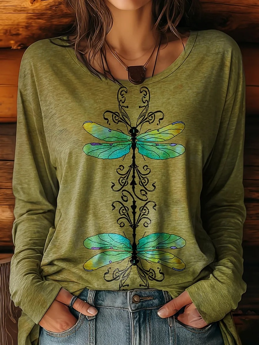 Women's Vintage Dragonfly Art Pattern Print Casual Crew Neck Long Sleeve T-Shirt