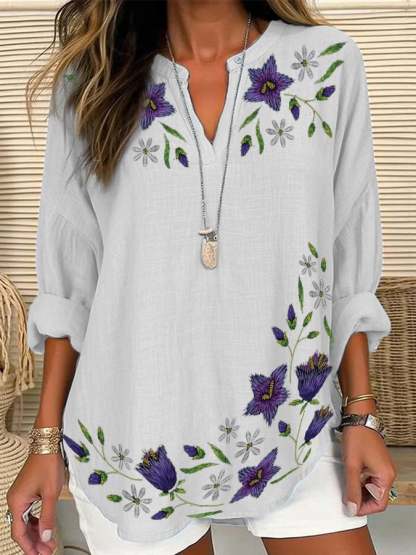 Women's Purple Floral Pansy Dementia Alzheimer's Disease Awareness Cotton and Linen Shirt
