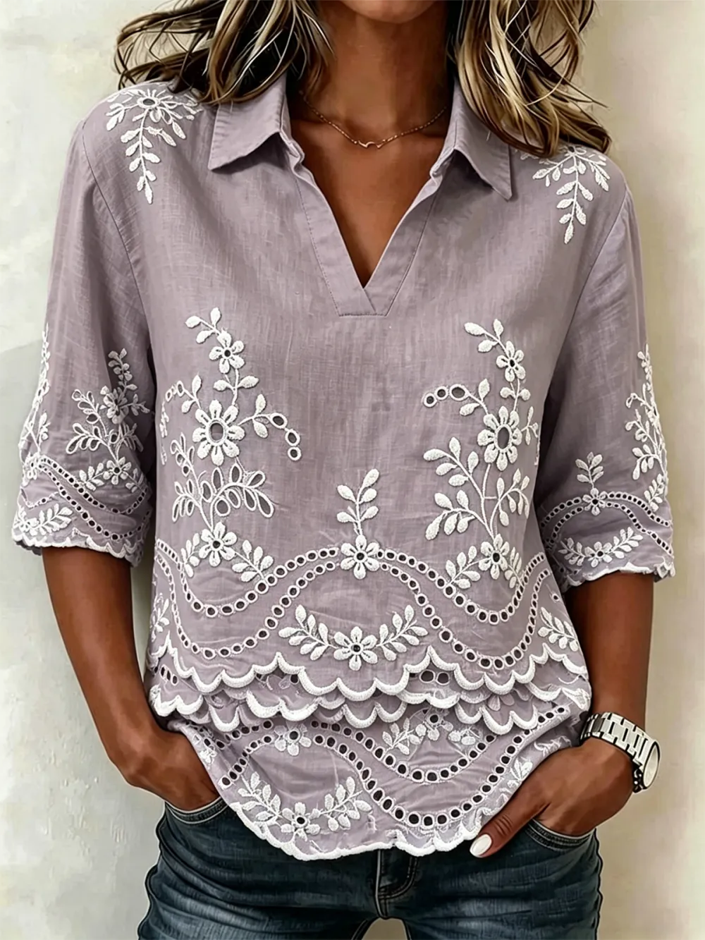 Women's Diagonal Collar Anti Lace Printed Flower Lightweight Loose Shirt