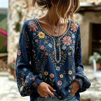 Women's Vintage Floral Art Print Flowy Linen Blend Linen Blend Long Sleeve Casual Tops