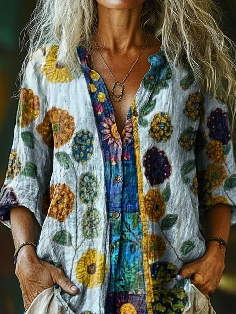 Women's Color-blocked Floral Pattern Art Print Casual Cotton-linen Shirt