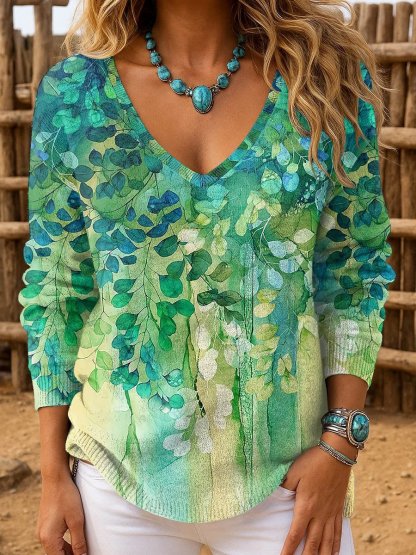 Women's Retro Floral Striped Long Sleeve Top