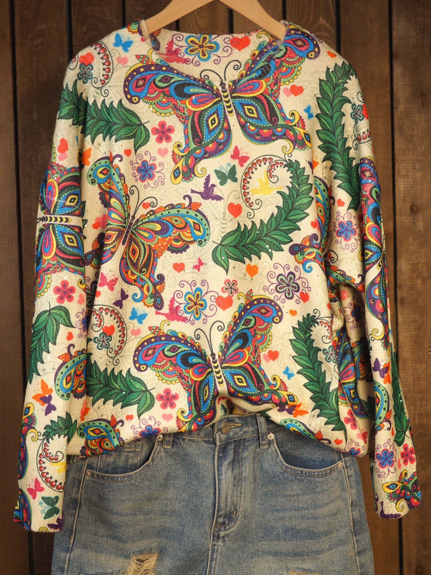 Butterfly Sequins Print Knit Pullover Sweater