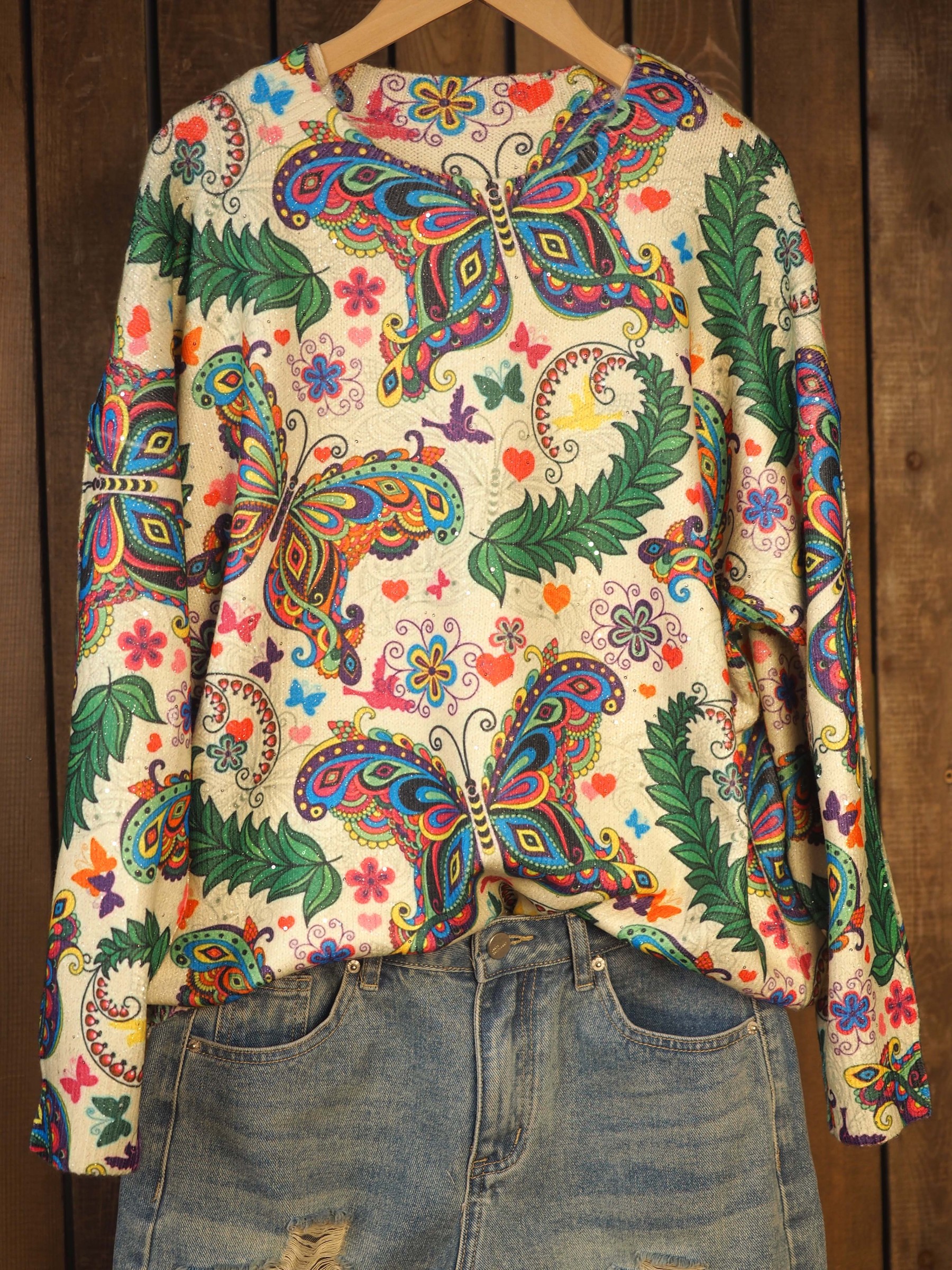 Butterfly Sequins Print Knit Pullover Sweater