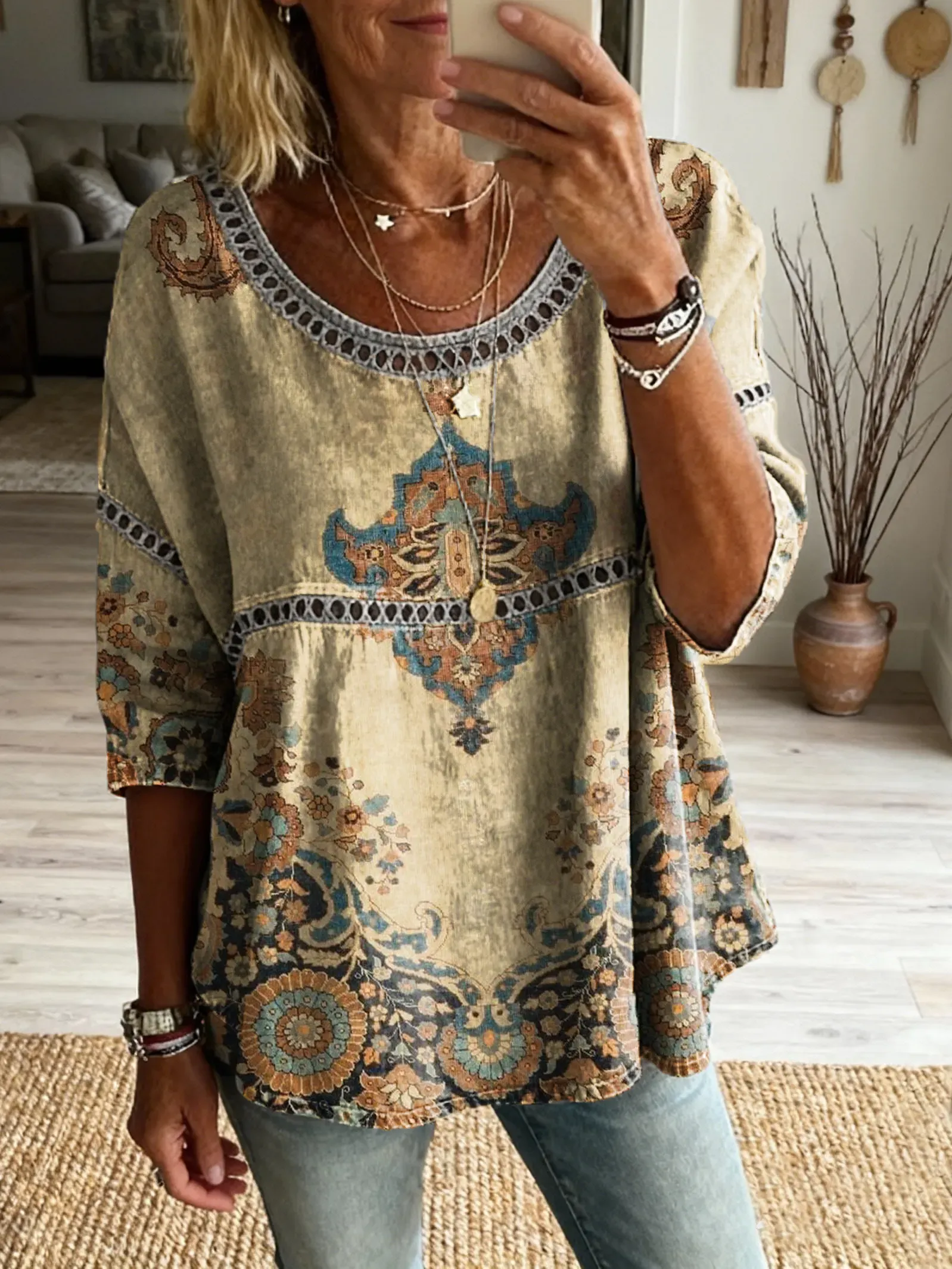 Women's Vintage Ethnic Floral Art Print Casual Round Neck Cutout Top