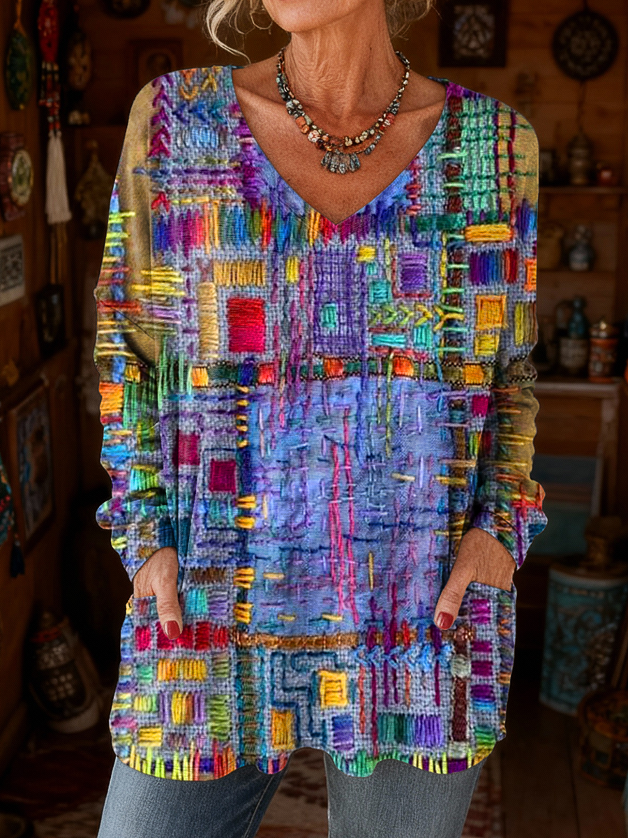 Women's Retro Colorful Art Print Casual Long Sleeve V-Neck T-Shirt