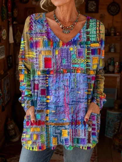 Women's Retro Colorful Art Print Casual Long Sleeve V-Neck T-Shirt