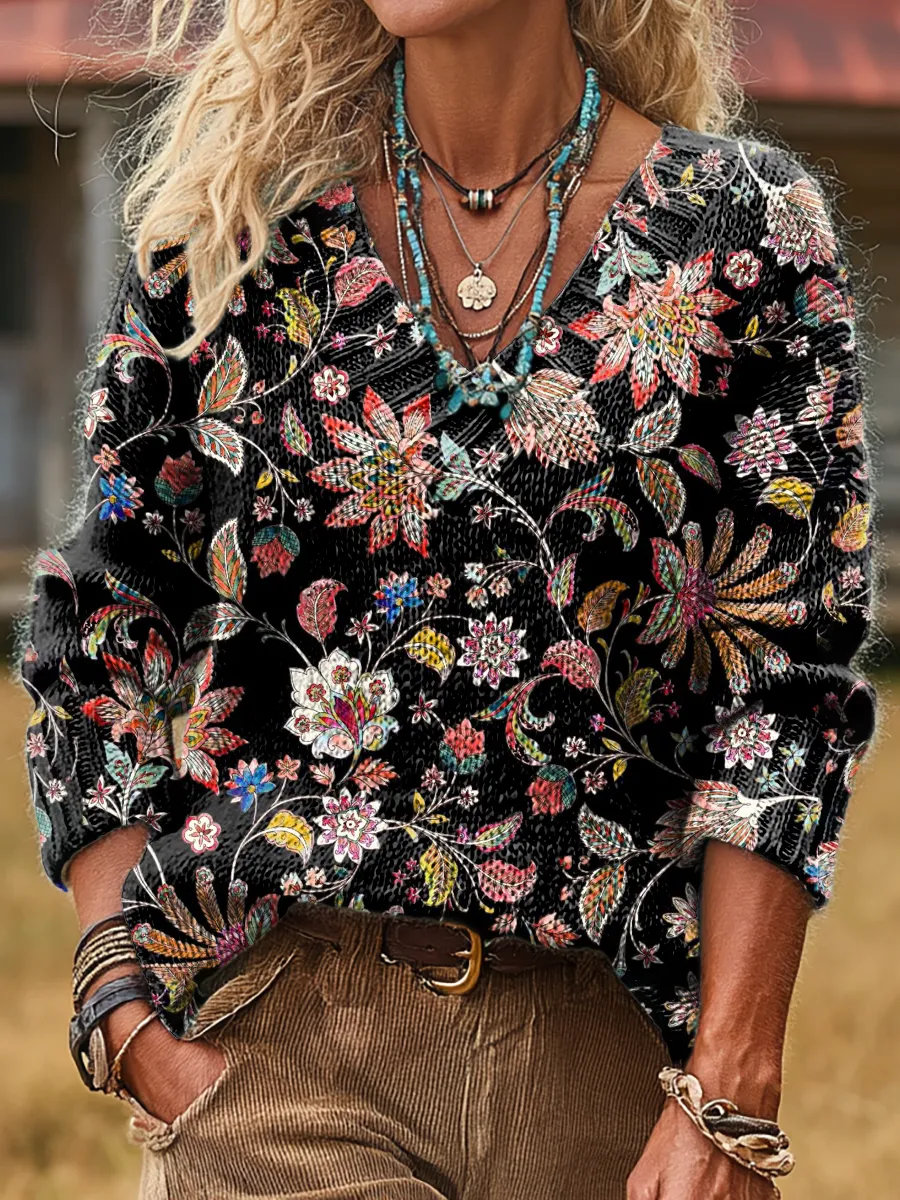 Unisex Retro Ethnic Floral Art Print Casual Long-sleeved V-neck Wool B