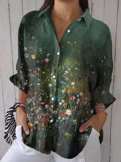 Women's casual retro forest plant floral cotton and linen shirt