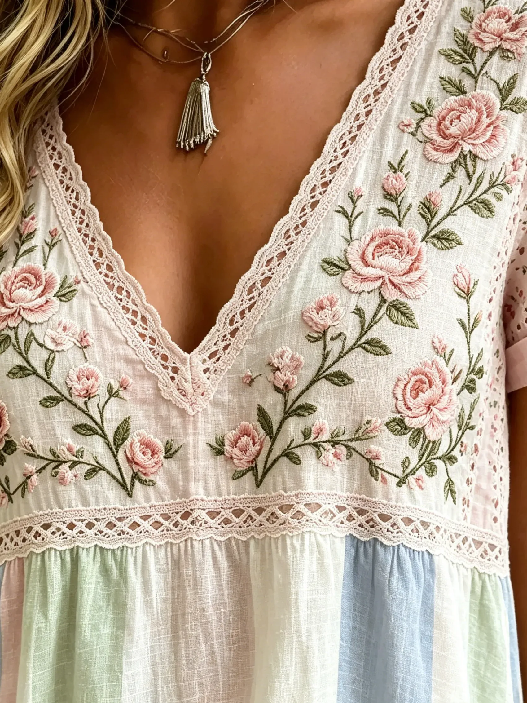 Women's Rose Lace & Stripe Print Cotton Blouse