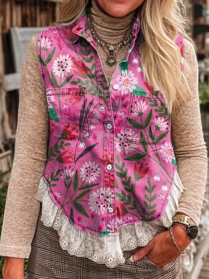 Women's Vintage Pink Floral Art Print Casual Button Pocket Lace Denim Vest