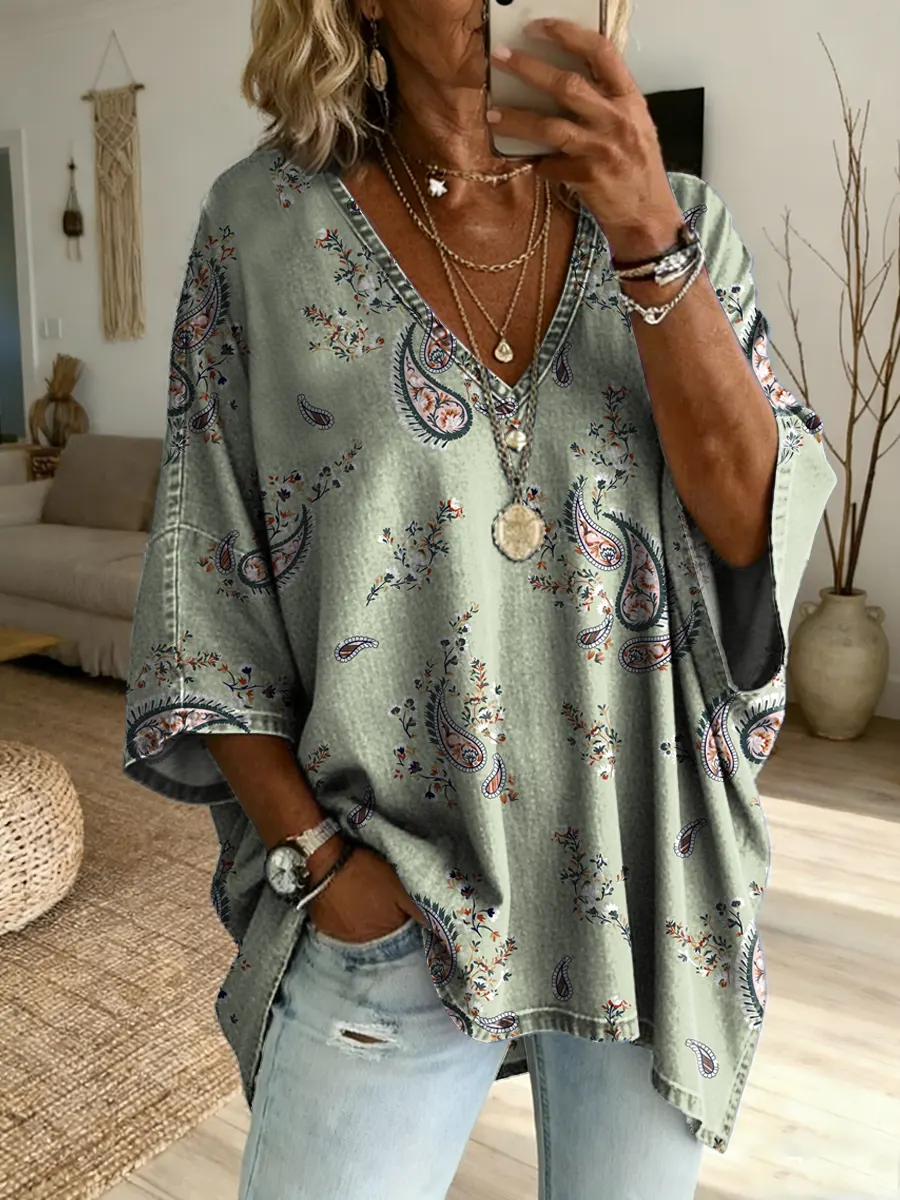 Ethnicity Paisley Women's Art Print Casual Washed Cotton Denim Top