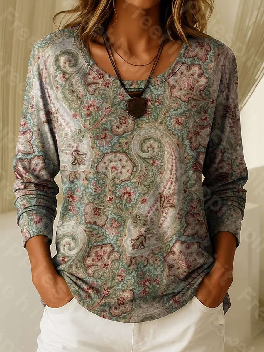 Women's Retro Paisley Floral Art Print Casual T-Shirt