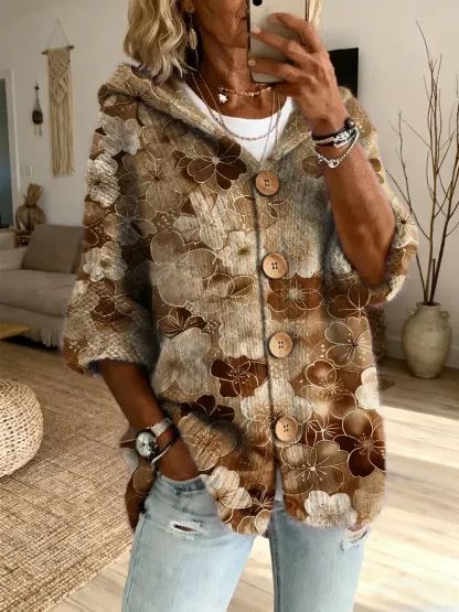 Ethnicity Colorful Flowers Women's Art Print Casual Hooded Cardigan Sweater