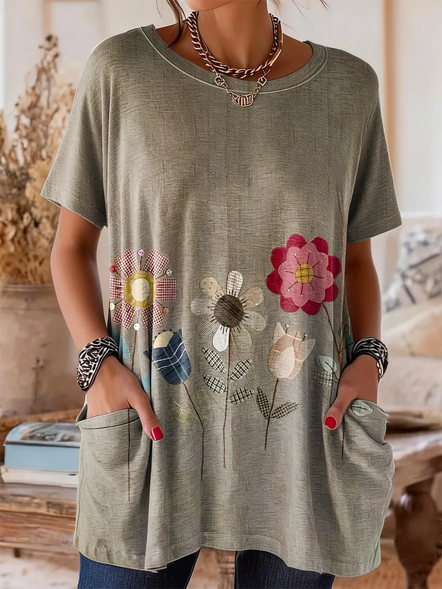Women's Retro Floral Art Print Casual Short-Sleeve Round Neck Pocket C