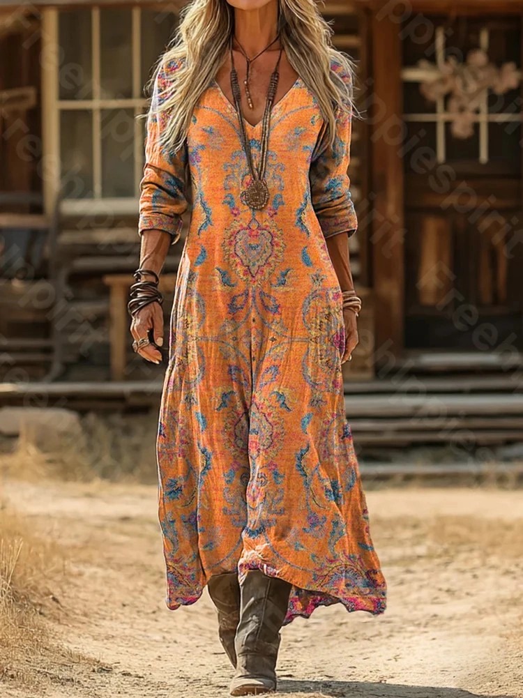 Women's Vintage Ethnic Floral Print Artistic Pocket Cotton Dress