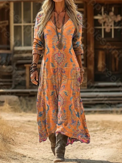 Women's Vintage Ethnic Floral Print Artistic Pocket Cotton Dress