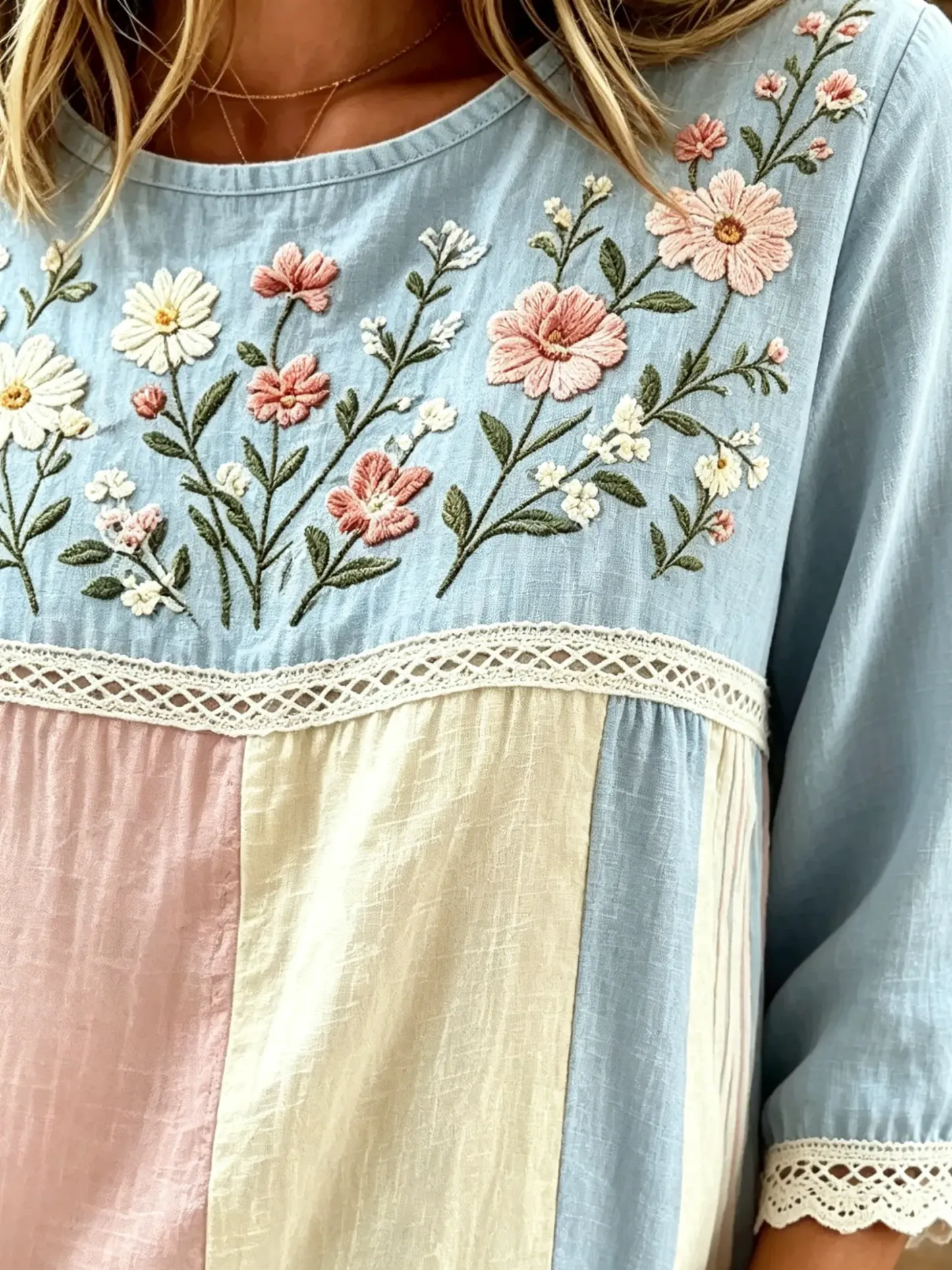 Women's Floral Patchwork Print Cotton 3/4 Sleeve Blouse