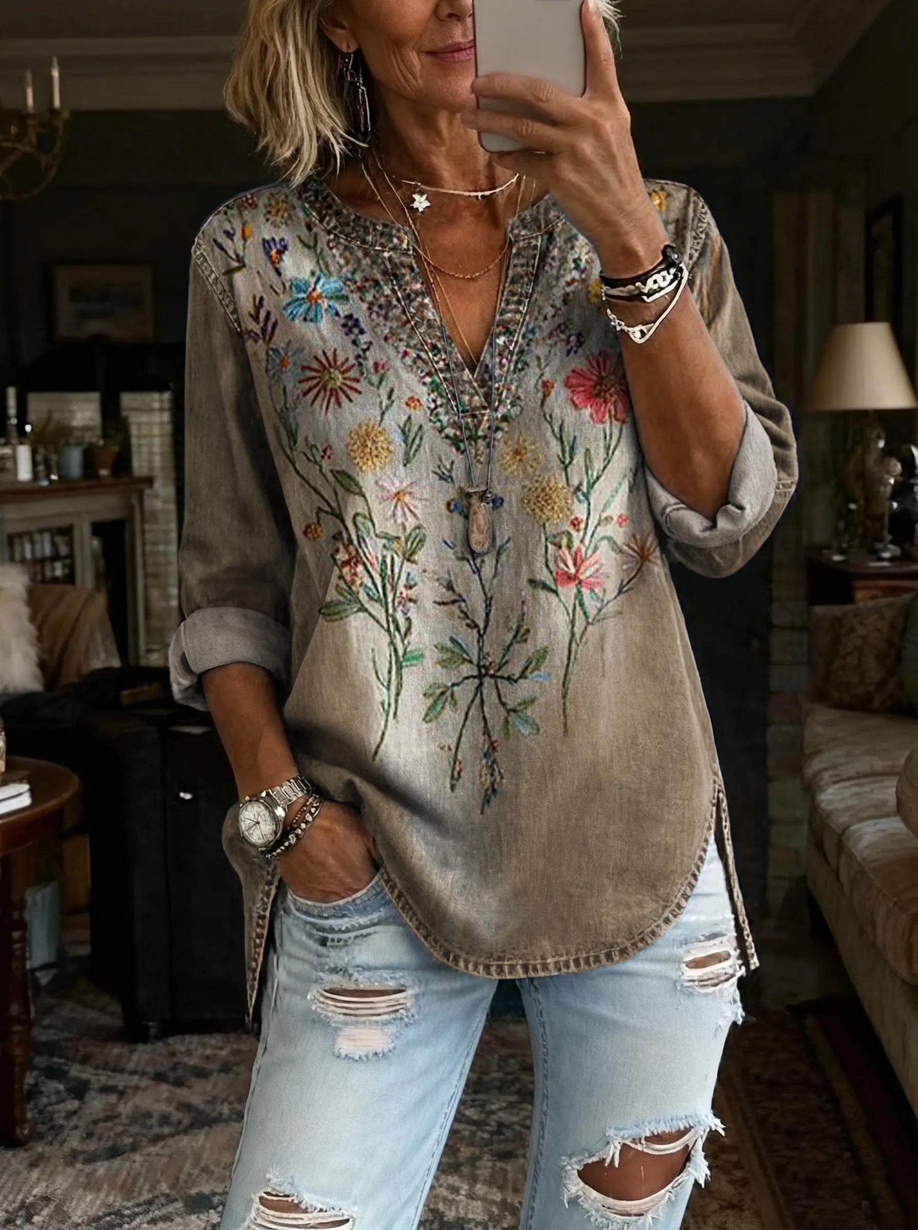 Women's Retro Floral Art Print Casual V-Neck Washed Cotton Denim Top