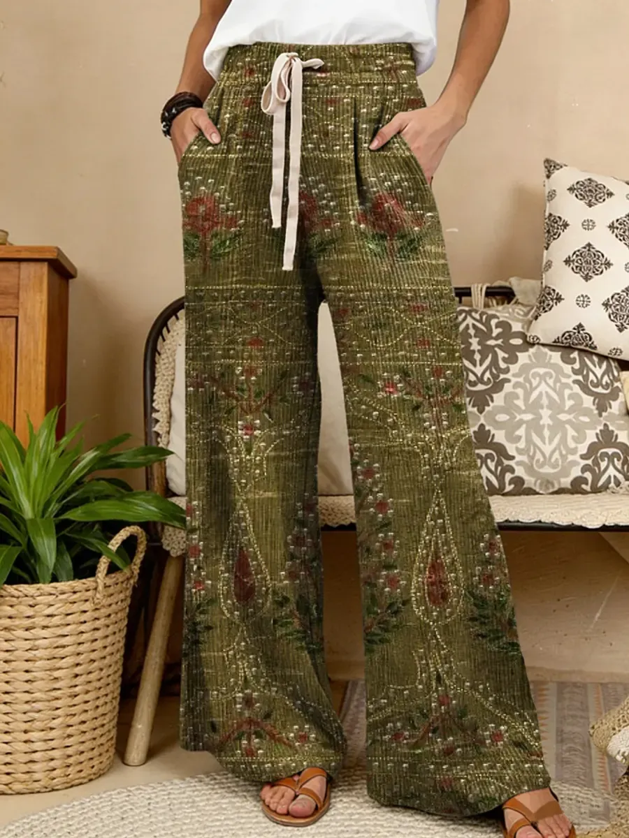 Women's Retro Ethnic Floral Art Print Comfortable Drawstring Knit Trou