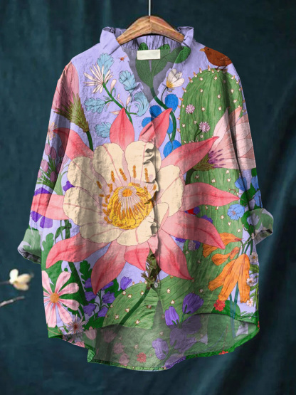 Women's Beautiful Colorful Large Flower Art Print Casual Cotton And Linen Ruffle Shirt