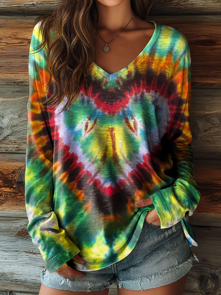 Women's Retro Hippie Tie-Dye Heart Art Print Casual V-Neck Long Sleeve T-Shirt