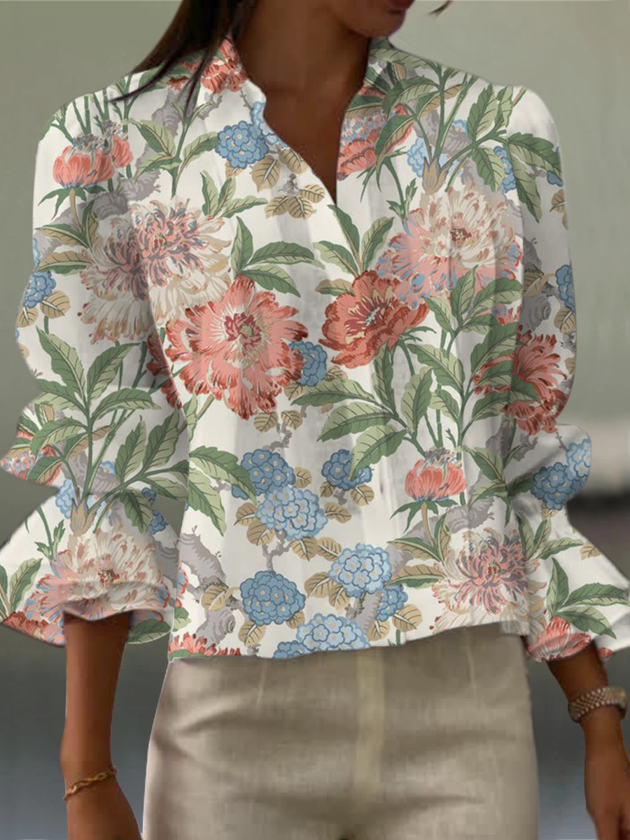 Women's Vintage Art Flower Print Casual Short Sleeve Cotton And Linen Shirt