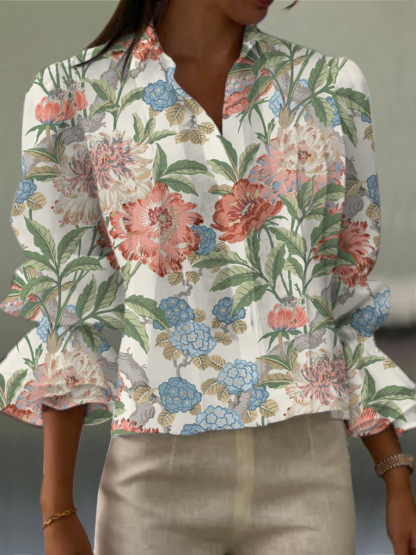 Women's Vintage Art Flower Print Casual Short Sleeve Cotton And Linen Shirt