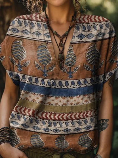 Women's Vintage Ethnic Floral Collage Print Casual Cotton Short Sleeve V-neck Shirt