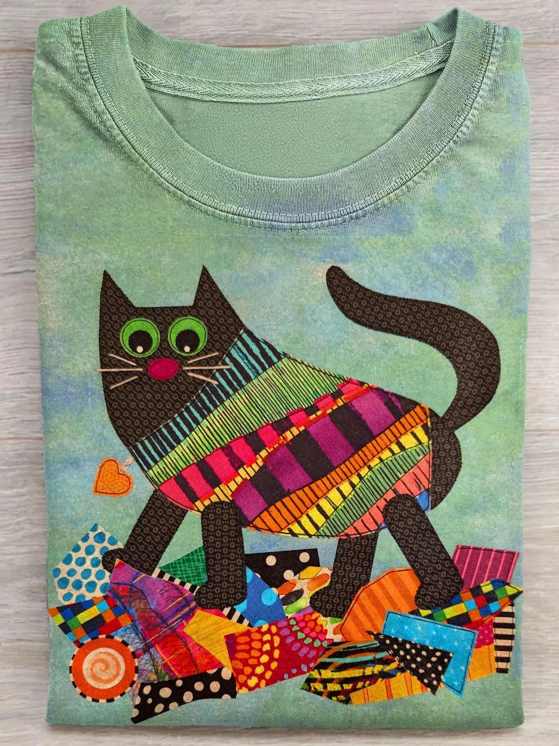 Cat Patchwork Art Print Casual Short Sleeve T-shirt