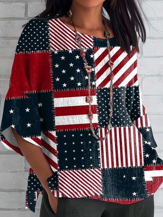Women's Independence Day Patched Flag Print Printed Blouse