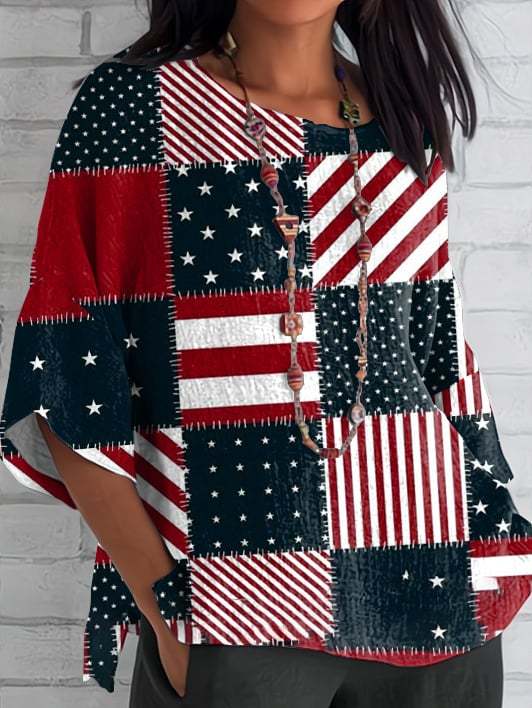 Women's Independence Day Patched Flag Print Printed Blouse