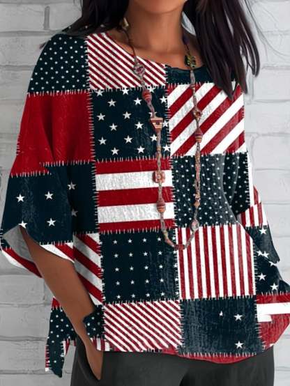 Women's Independence Day Patched Flag Print Printed Blouse