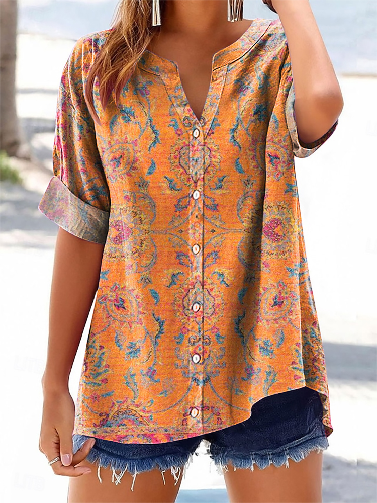 Women's Retro Ethnic Totem Art Pattern Print Casual Cotton And Linen Shirt