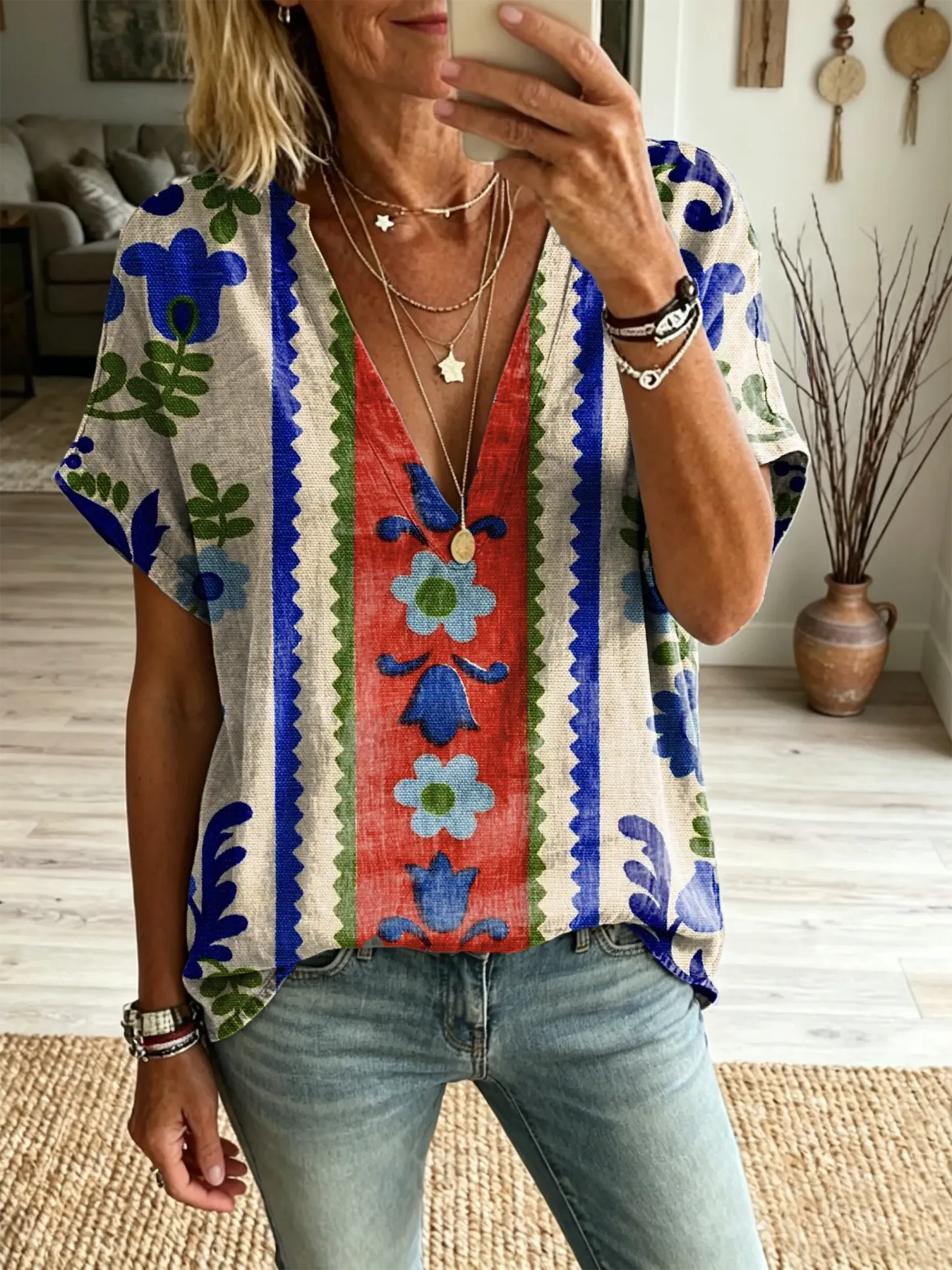 Women's Bohemian Floral Art Print Casual V-Neck Short-Sleeve Shirt