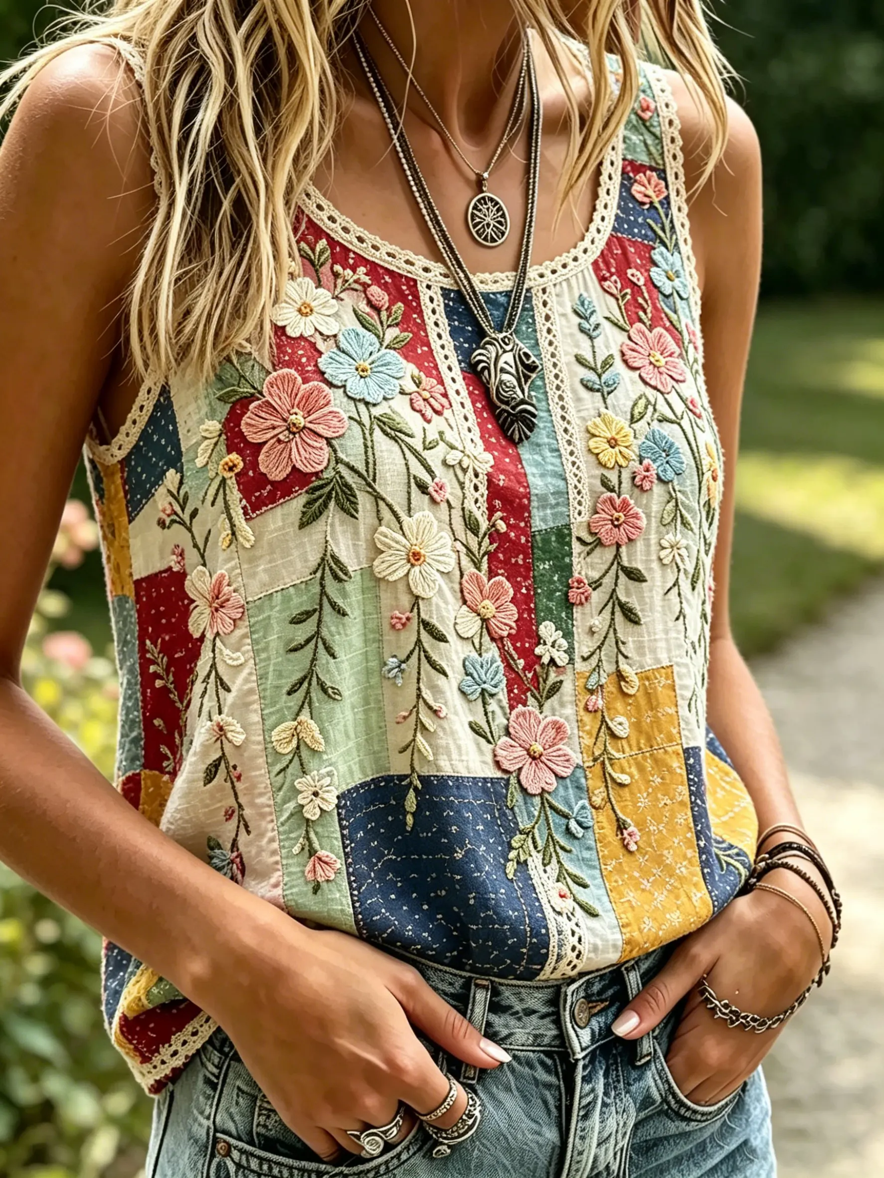 Women's Patchwork Floral Print Cotton Lace Trim Sleeveless Tank Top