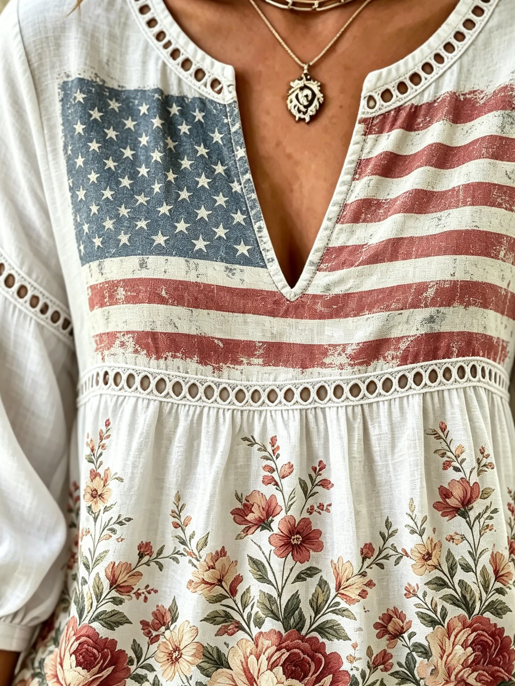 Women's Vintage American Flag Floral Print Lace Cotton Blouse