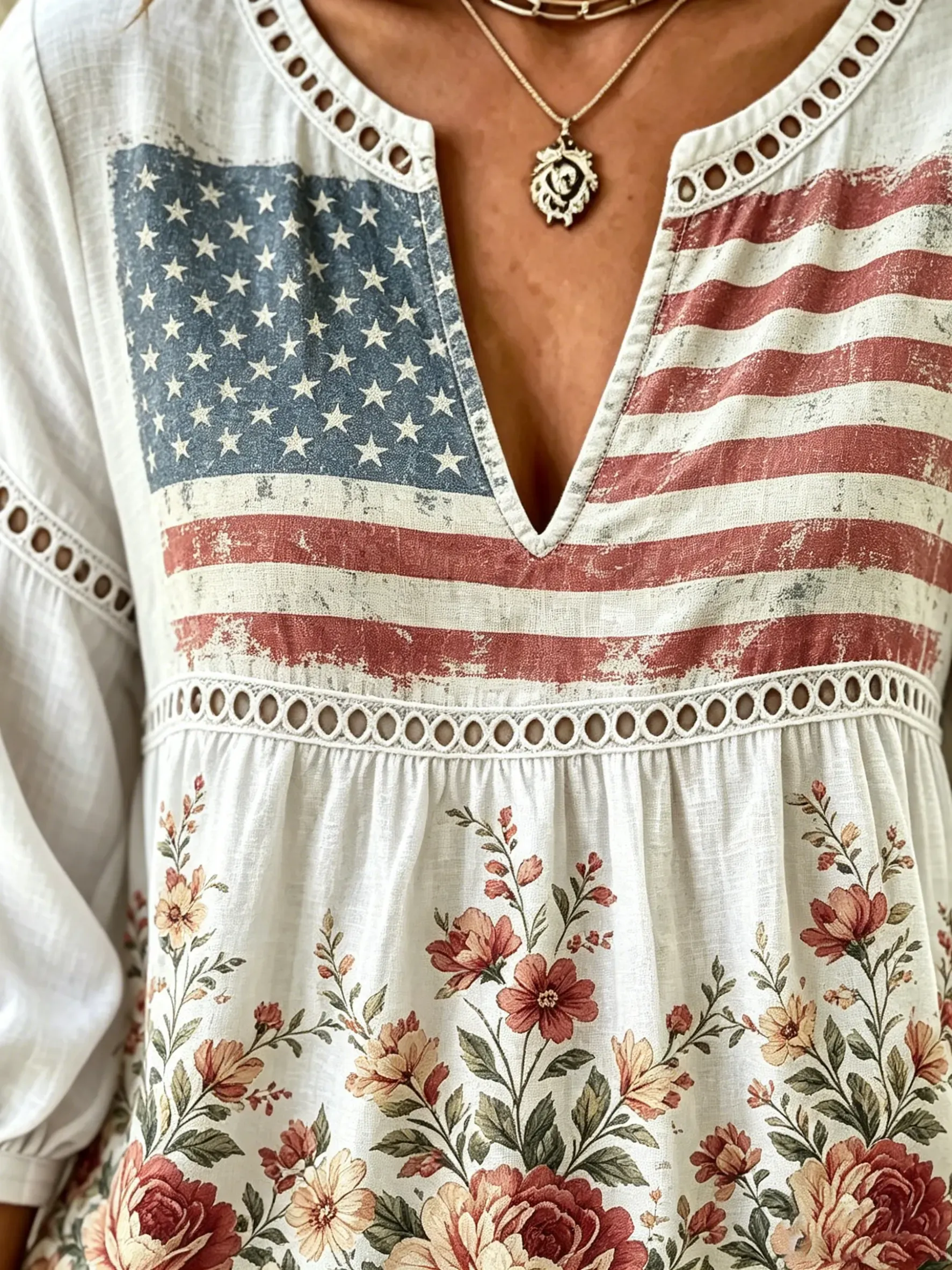 Women's Vintage American Flag Floral Print Lace Cotton Blouse