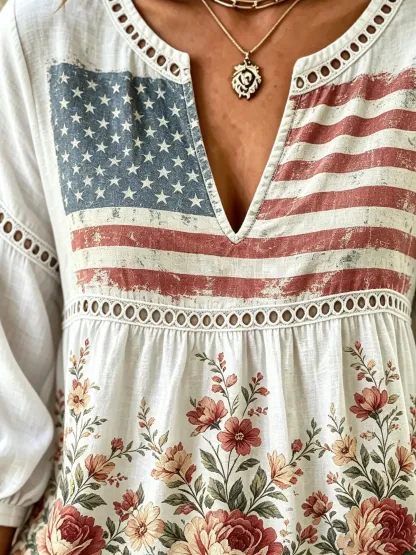 Women's Vintage American Flag Floral Print Lace Cotton Blouse