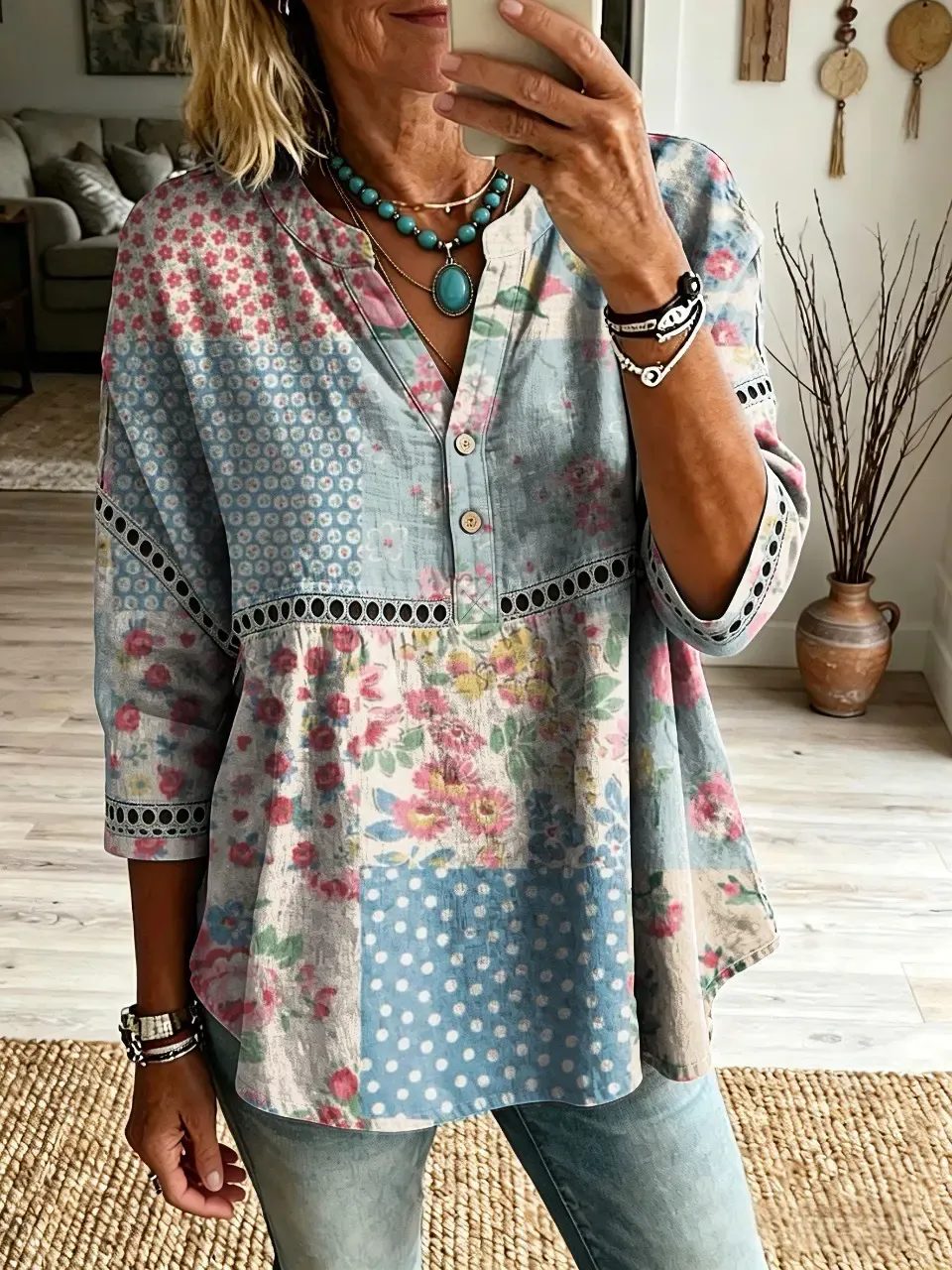 Women's Vintage Floral Artistic Print Patchwork Casual V-Neck Cutout Top