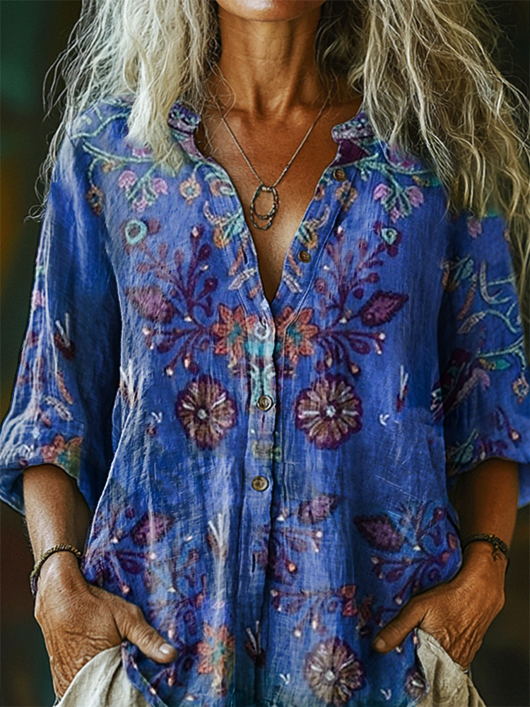 Women's Vintage Floral Pattern Art Print Casual Cotton Linen Shirt