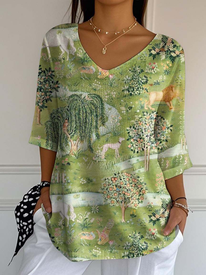 Women's National Park Forest Plants Animals Art Print Casual V Neck T-