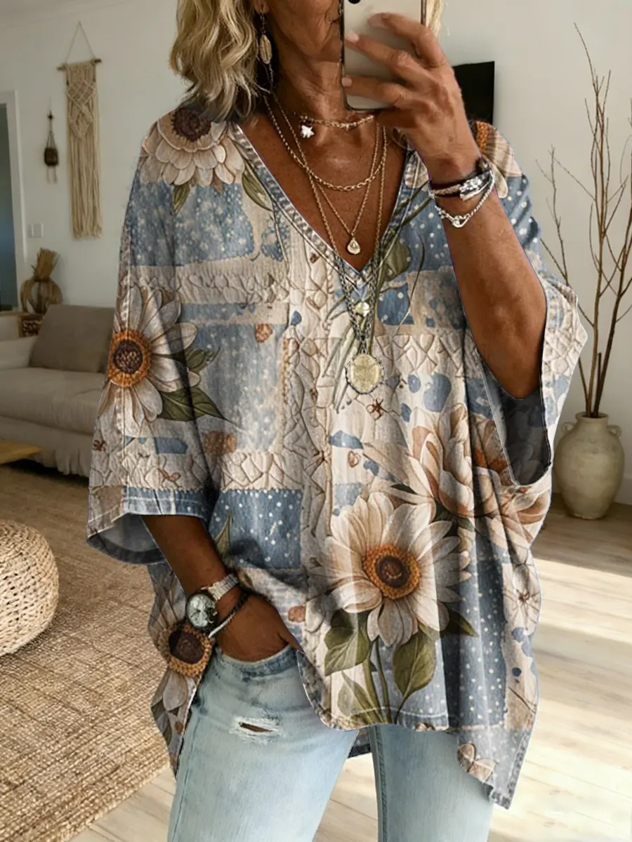 Women's Vintage Floral Patchwork Art Print Casual Loose Washed Cotton Denim Top